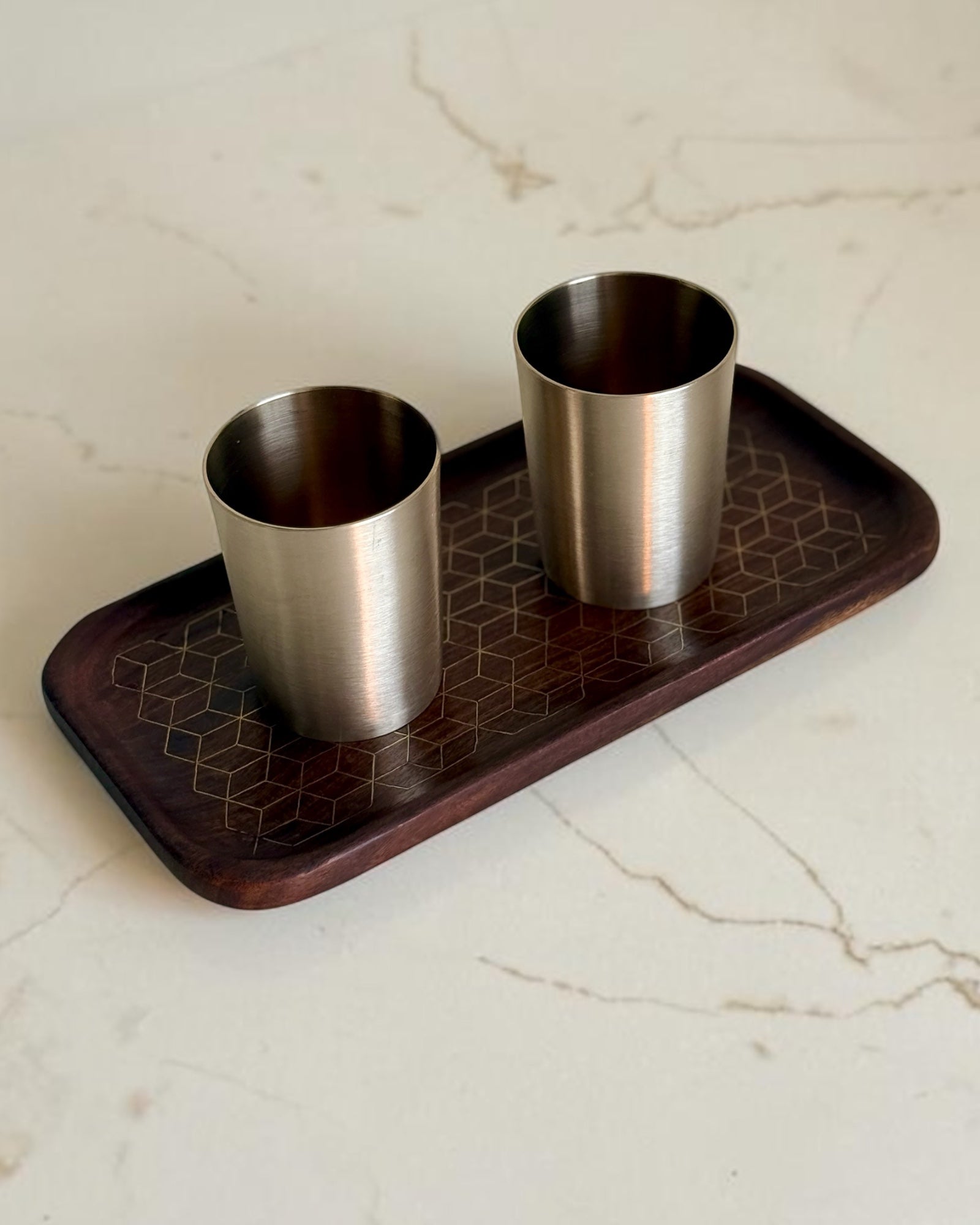Dhaara Hosting Set - 12'' Sheesham Tarkashi Tray & Kansa Glasses (Set of 2)